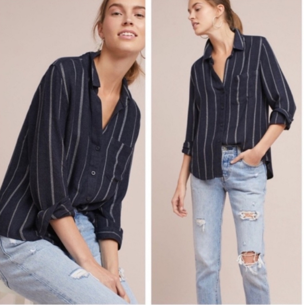 Anthropologie Cloth & Stone Striped Button Up Boyfriend Shirt Sz XS